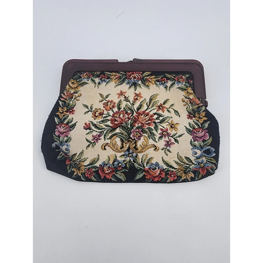 Vintage Floral Tapestry Clutch‎ Bag Faux Tortoise Shell Frame Kiss Lock Black